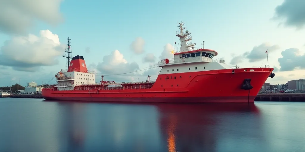 a large red boat sitting in a harbor next to a body of water with a sky background and clouds, Engue