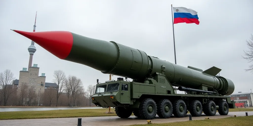 a large rocket is on display with a flag in front of it and a building in the background with a flag