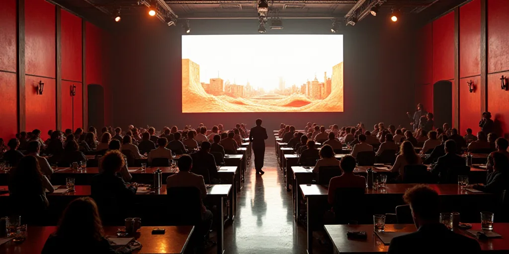 a large room filled with lots of desks and people standing around them in front of a large screen, D