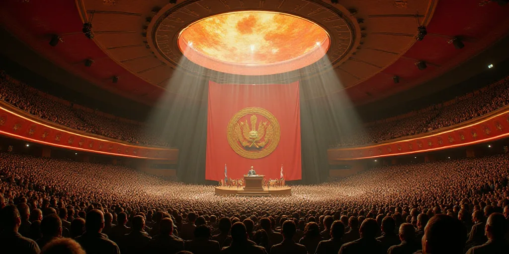 a large room filled with lots of people and a flag hanging from the ceiling of the room with a podiu