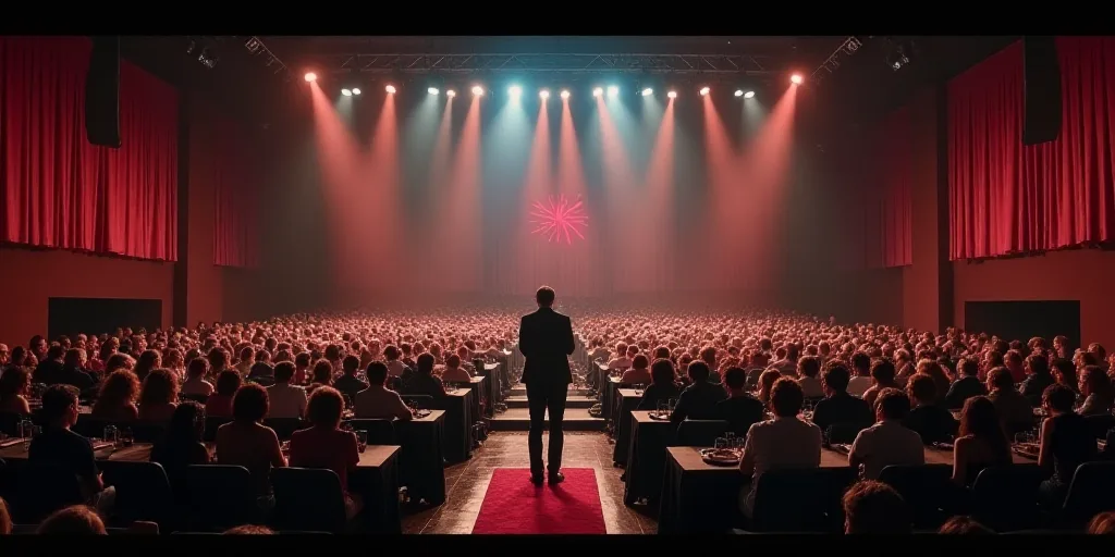 a large room filled with people sitting at tables and a speaker standing at the front of the room wi
