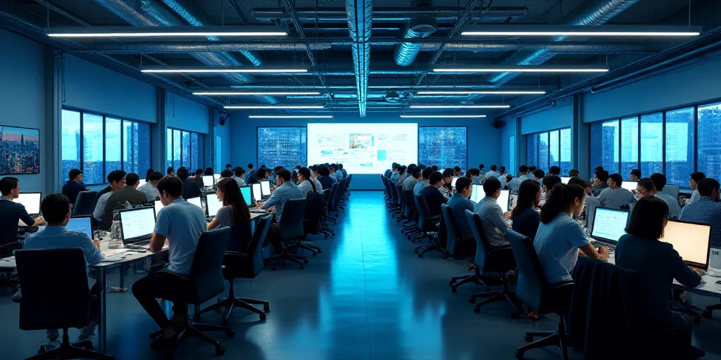 a large room filled with people working on laptops and standing around tables with chairs and tables