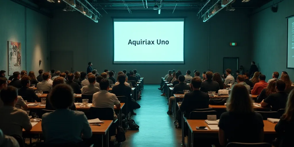 a large room filled with people sitting at desks and a screen on the wall above them that says,, Aqu