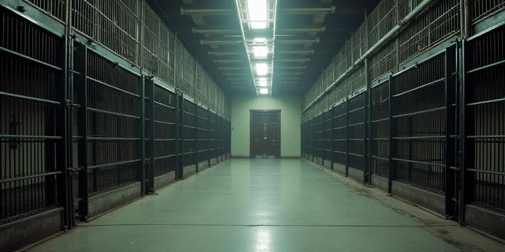 a large room with a bunch of metal cages in it's walls and a door leading to another room, Ai Weiwei