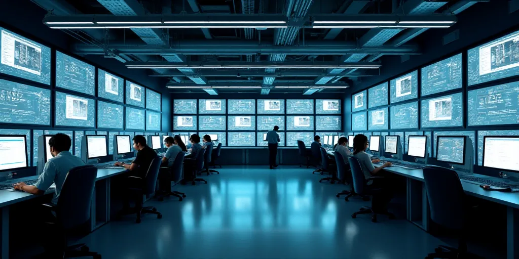 a large room with a lot of desks and monitors on the walls and people working on computers in the mi