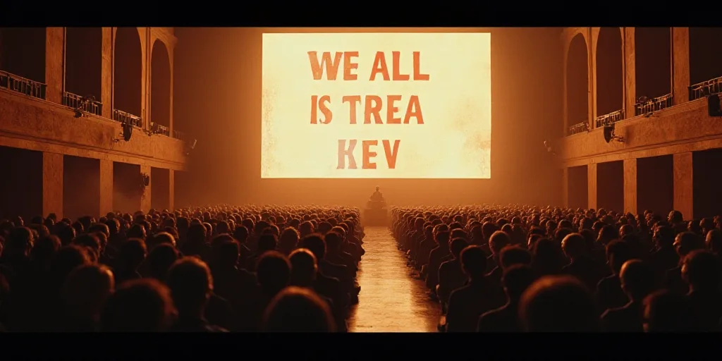 a large room with a lot of people in it and a big screen above it that says it all, David Alfaro Siq