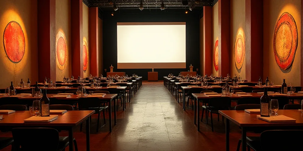 a large room with a lot of tables and chairs in it and a big screen on the wall above, David Alfaro