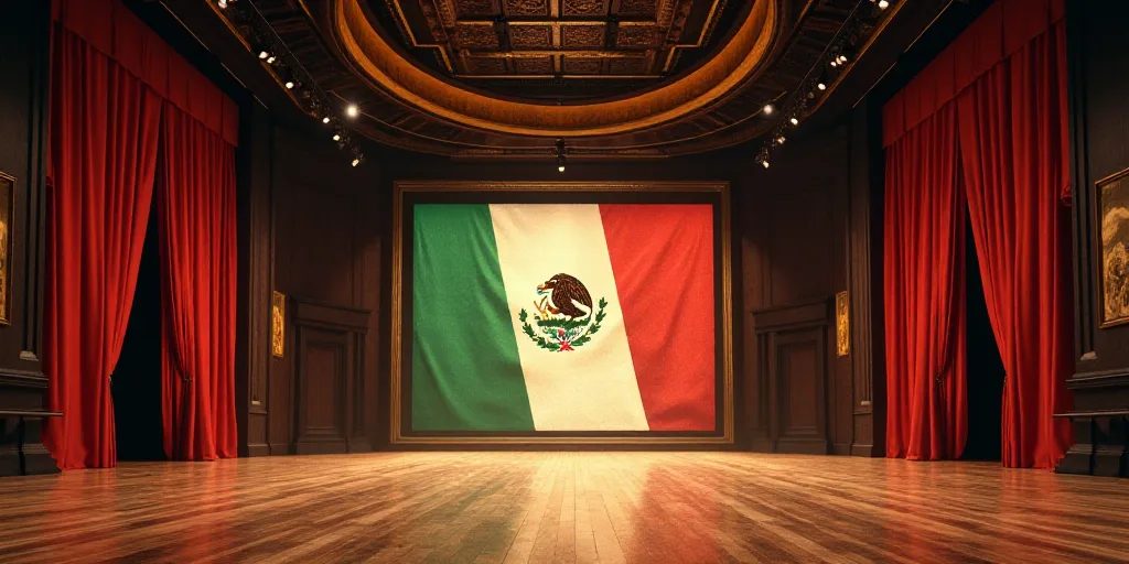 a large room with a stage and a large screen in the center of it with a flag on it, David Alfaro Siq
