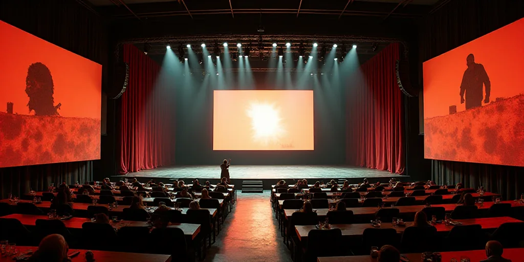 a large room with a stage and a big screen in it's center area with people sitting at tables, David