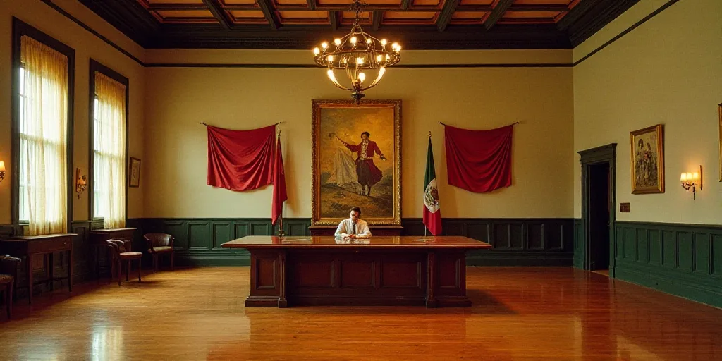 a large room with a wooden table and two people sitting at it with flags on the walls and a ceiling,
