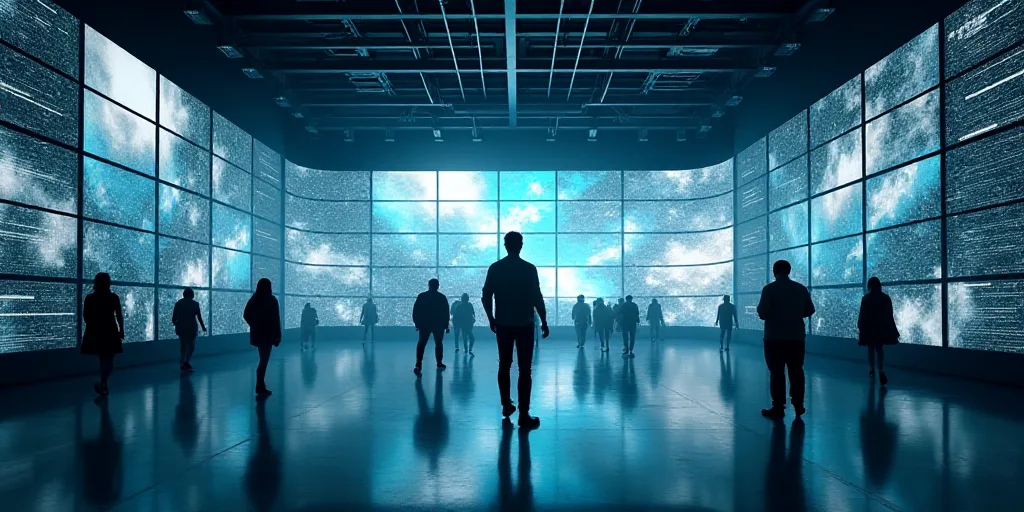 a large room with many monitors and people walking around it and a man standing in the middle of the