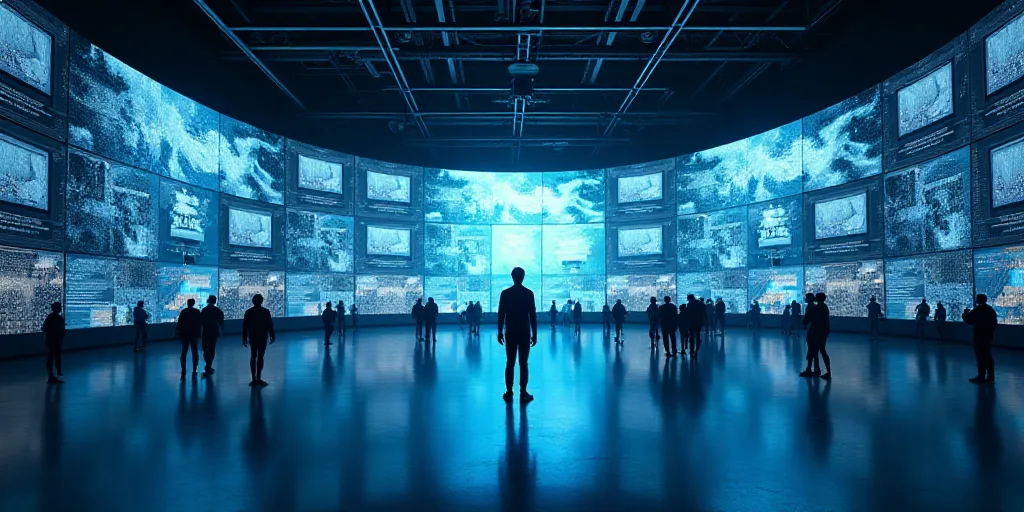 a large room with many monitors and people walking around it and a man standing in the middle of the
