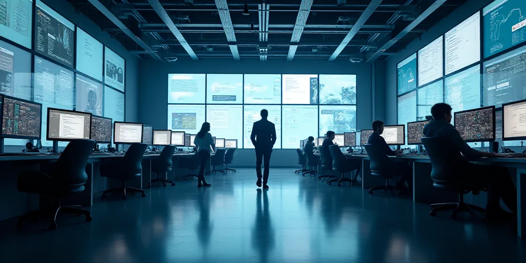 a large room with many monitors and people walking around it and a man standing in the middle of the