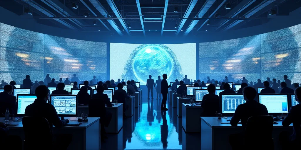 a large room with many monitors and people standing around it in a building with a lot of windows an