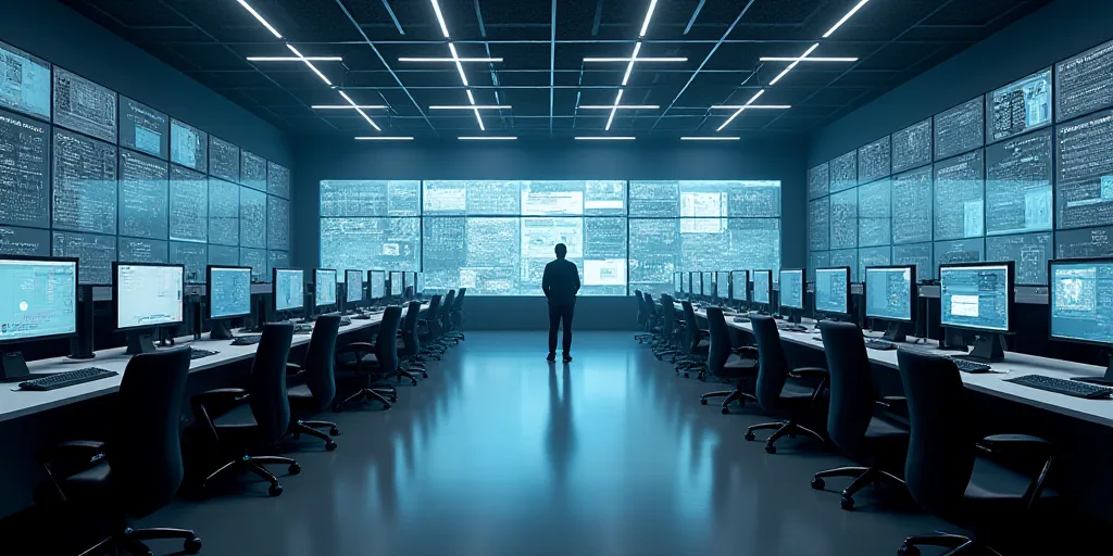 a large room with multiple desks and monitors on the walls and a man standing in the middle of the r