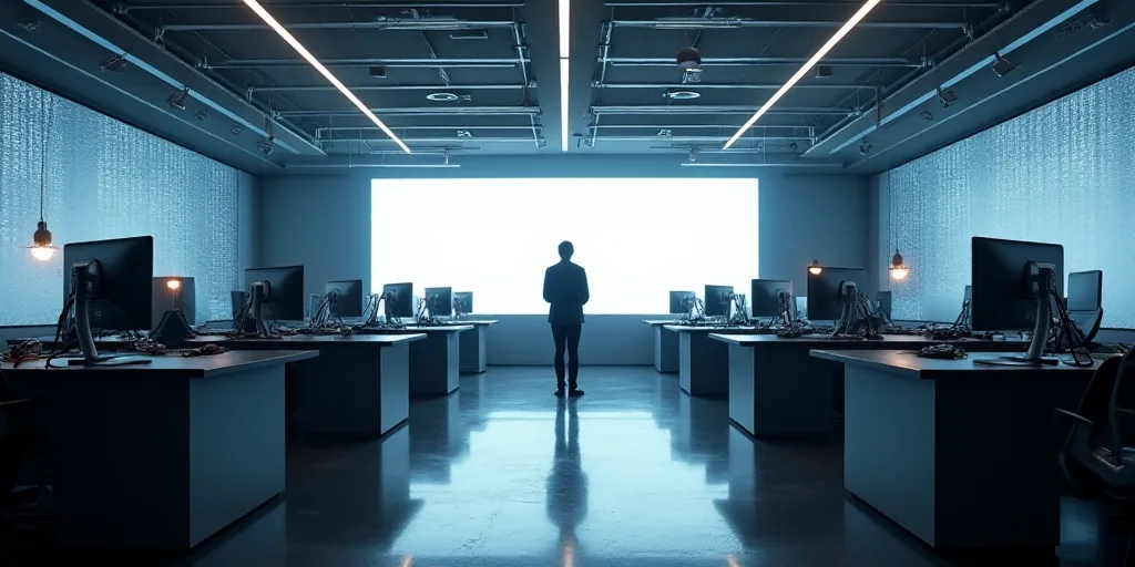 a large room with multiple desks and monitors on the walls and a man standing in the middle of the r
