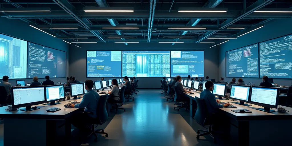 a large room with multiple monitors and tables in it's center area, with people working on computers