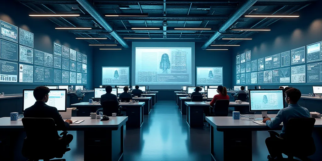 a large room with multiple monitors and tables in it's center area, with people working on computers