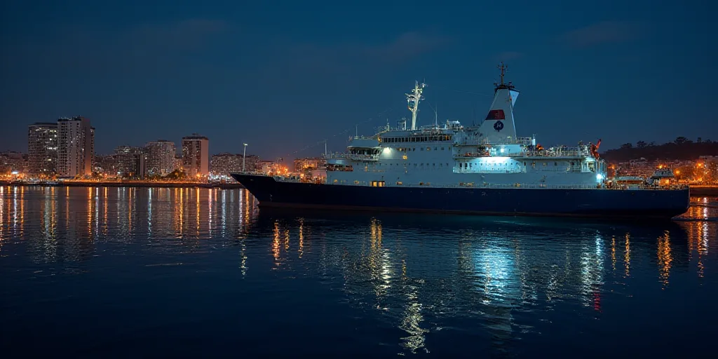 a large ship in a harbor at night with a city in the background and a lot of lights on, Almada Negre
