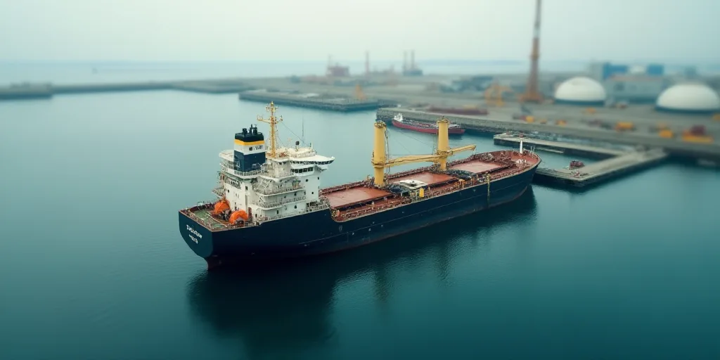 a large ship in the middle of a body of water with a crane on it's side and a dock in the background