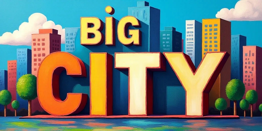a large sign that says big city in front of a cityscape with a sky background and a blue sky, Federi