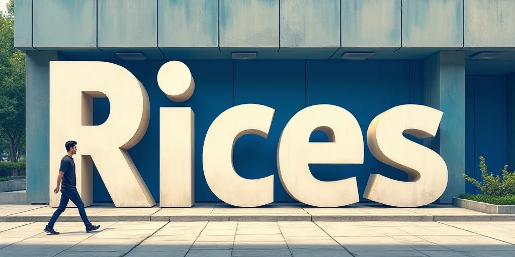 a large sign that says rices in front of a building with a man walking by it and a blue and white si
