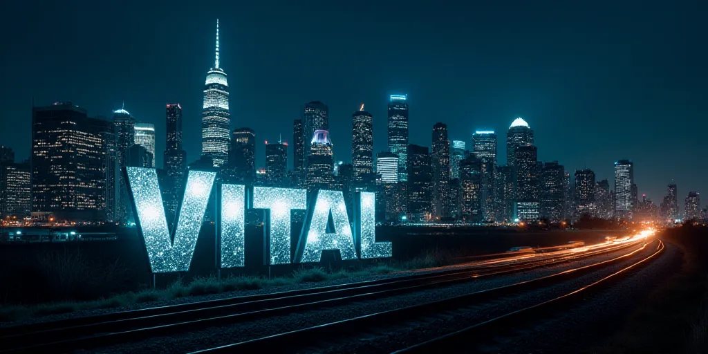a large sign with stars on it in front of a city skyline at night with a train passing by, Évariste