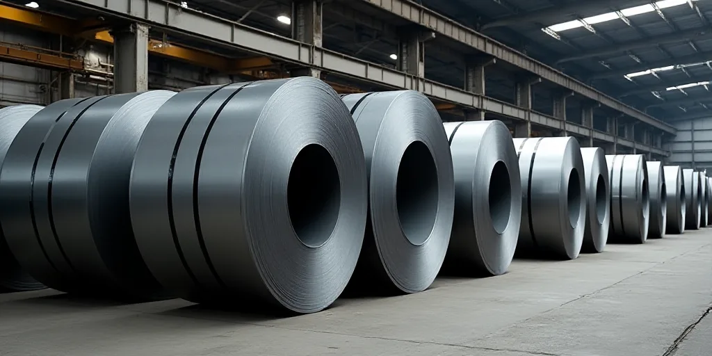 a large stack of steel rolls in a warehouse with a ceiling in the background and a few other rolls o