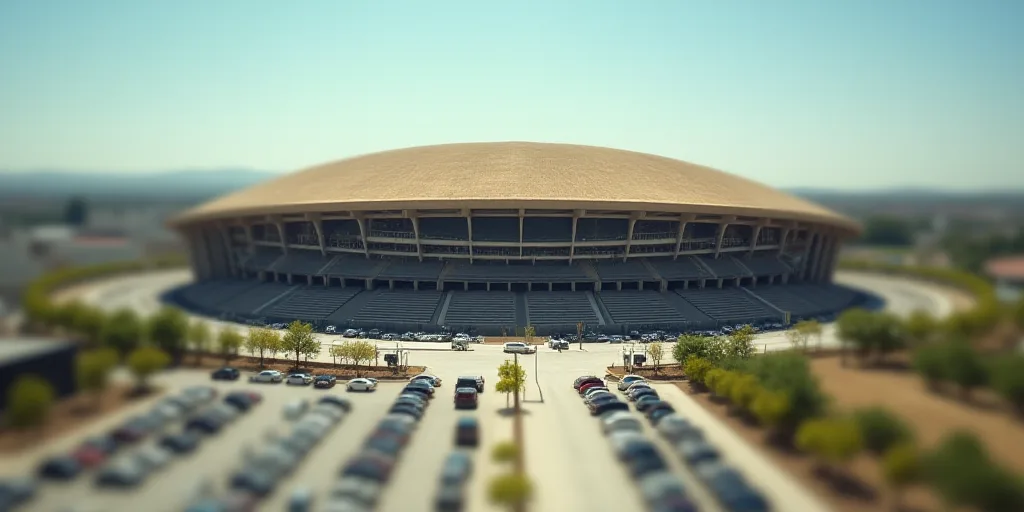 a large stadium with a large dome on top of it's roof and a parking lot below it, David Alfaro Sique