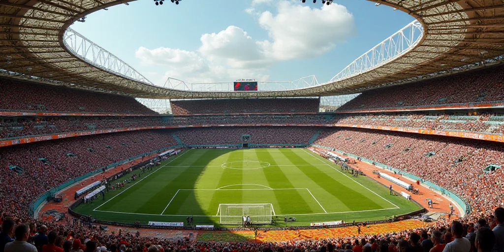 a large stadium with a lot of metal structures around it and a lot of people standing around it on t