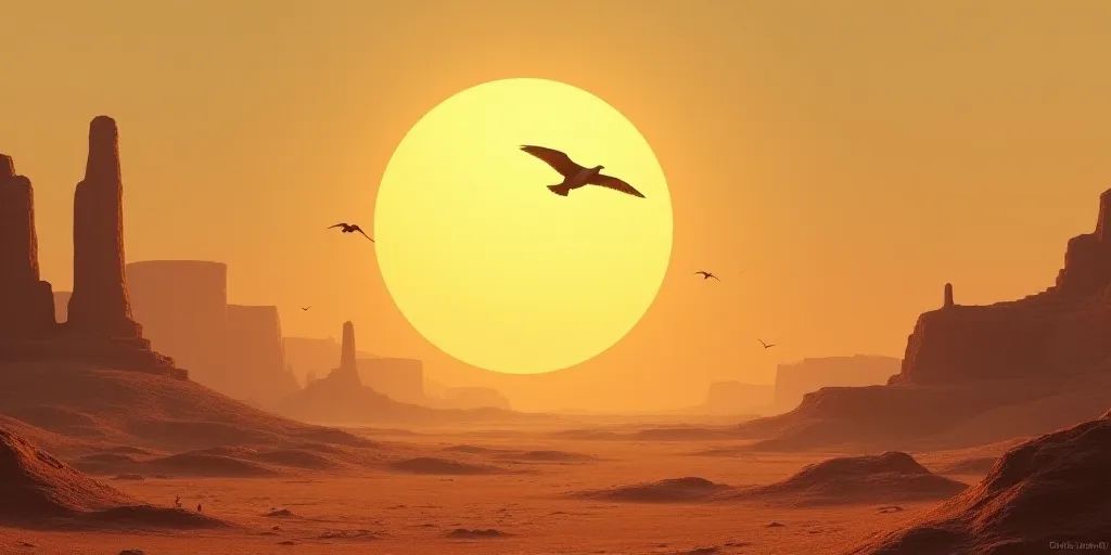a large sun is in the distance over a desert landscape with a bird flying over it and a bird flying