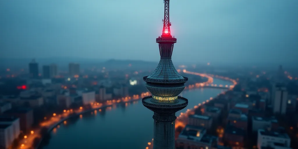 a large tower with a red light on top of it's side in a city next to a river, Dahlov Ipcar, zenith v