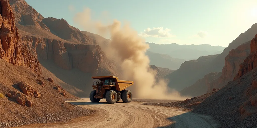a large truck is dumping gravel into a pit at a quarry in the mountainside of a city, california, Al