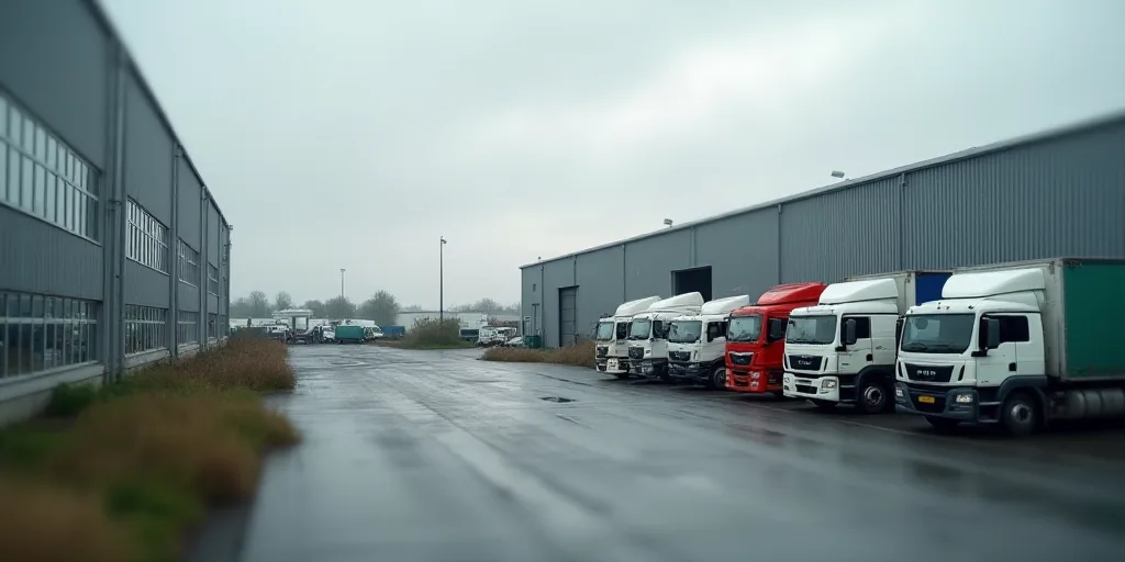 a large warehouse with a lot of trucks parked in it's lot area next to a building with a lot of wind