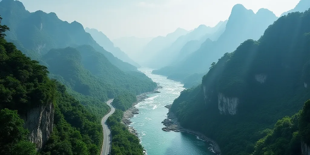 a large waterfall is in the middle of a river surrounded by mountains and trees, with a road running