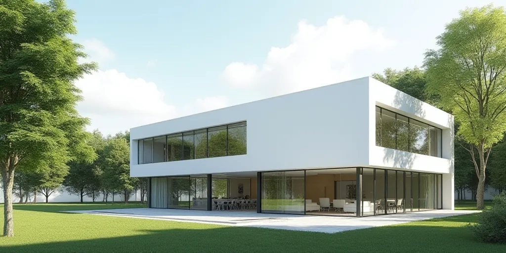 a large white building with a lot of windows and a lot of trees around it and a few chairs and table