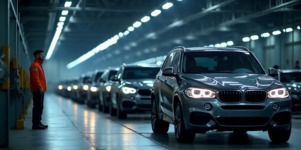 a line of cars parked in a factory with a lot of lights on them and a worker standing next to them,