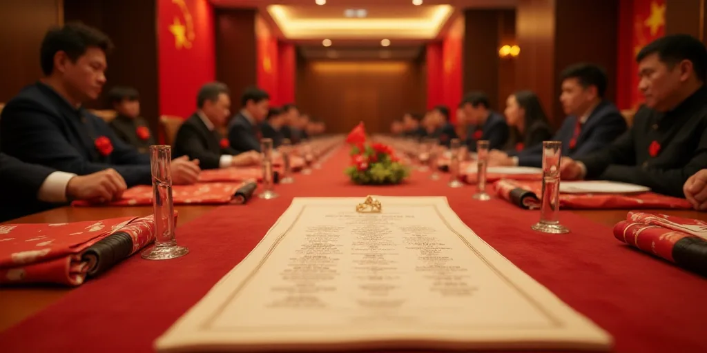 a long table with flags and other decorations on it's sides and a menu in the middle of the table, C
