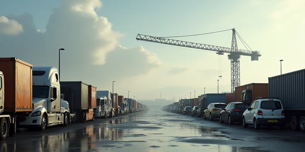 a lot of cars parked in a lot with a crane in the background and a lot of trucks in the foreground,
