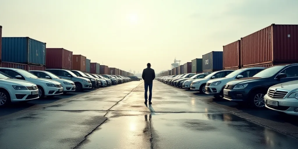 a lot of cars that are parked in a lot with shipping containers in the background and a person stand