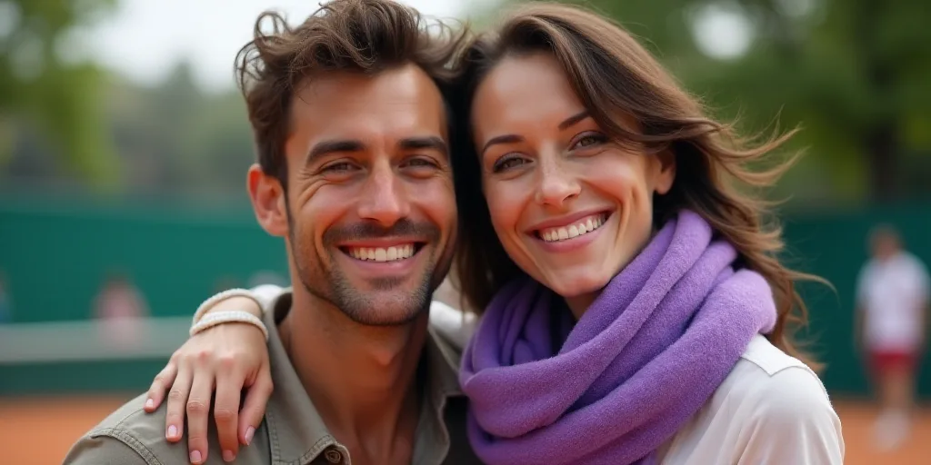 a man and a woman are smiling together at a tennis match, one of them is wearing a purple scarf, Cel