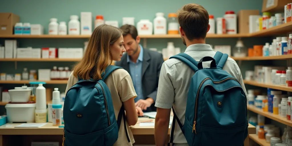 a man and a woman are standing in a pharmacy shop with a back pack on their back and a man is standi