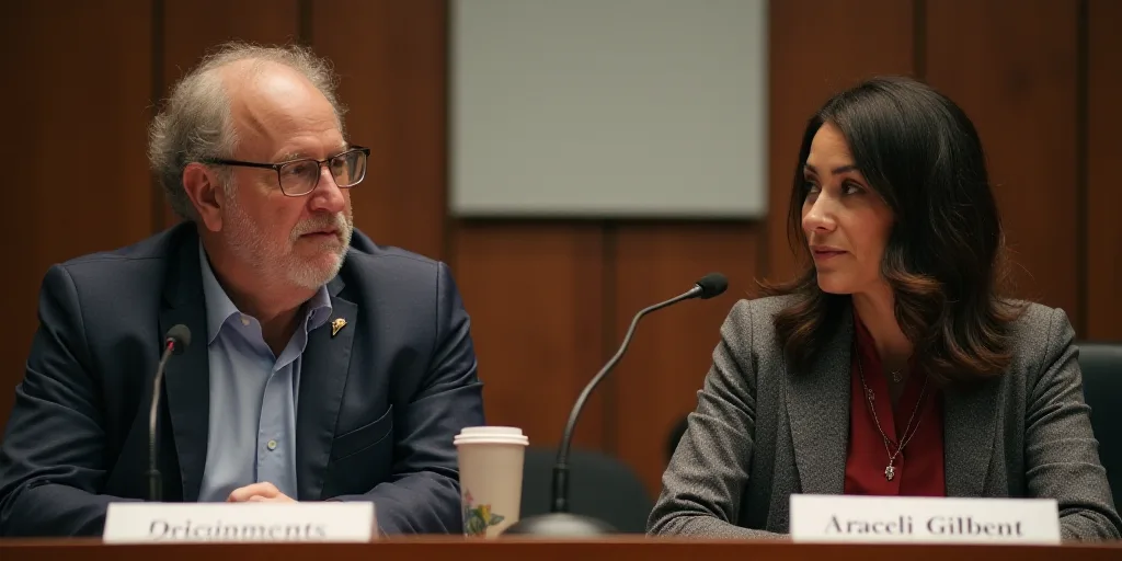 a man and a woman sitting at a table with microphones in front of them and a sign behind them, Arace