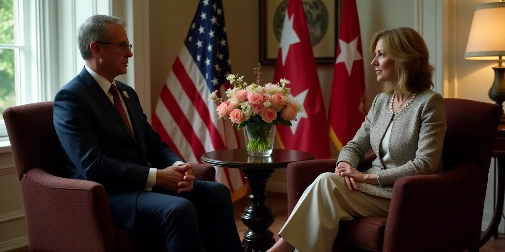 a man and a woman sitting in chairs talking to each other in front of flags and a table with a vase