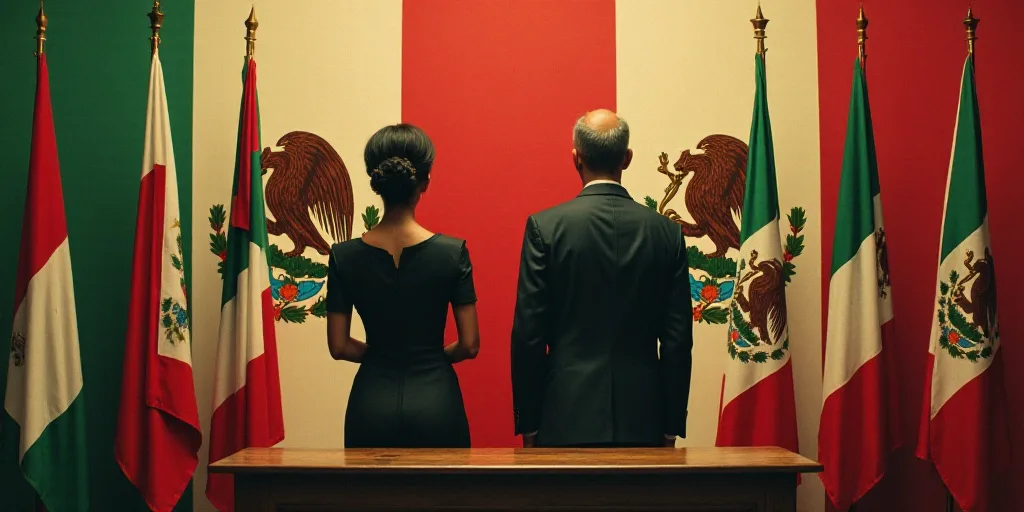 a man and a woman standing at a podium in front of flags of different countries and flags of mexico,