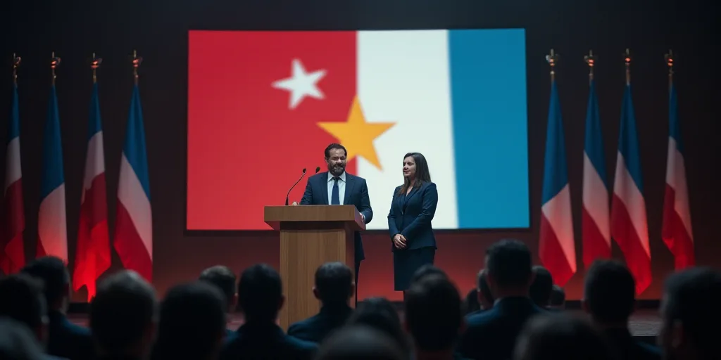 a man and a woman standing at a podium in front of a screen with a flag on it and a banner behind th