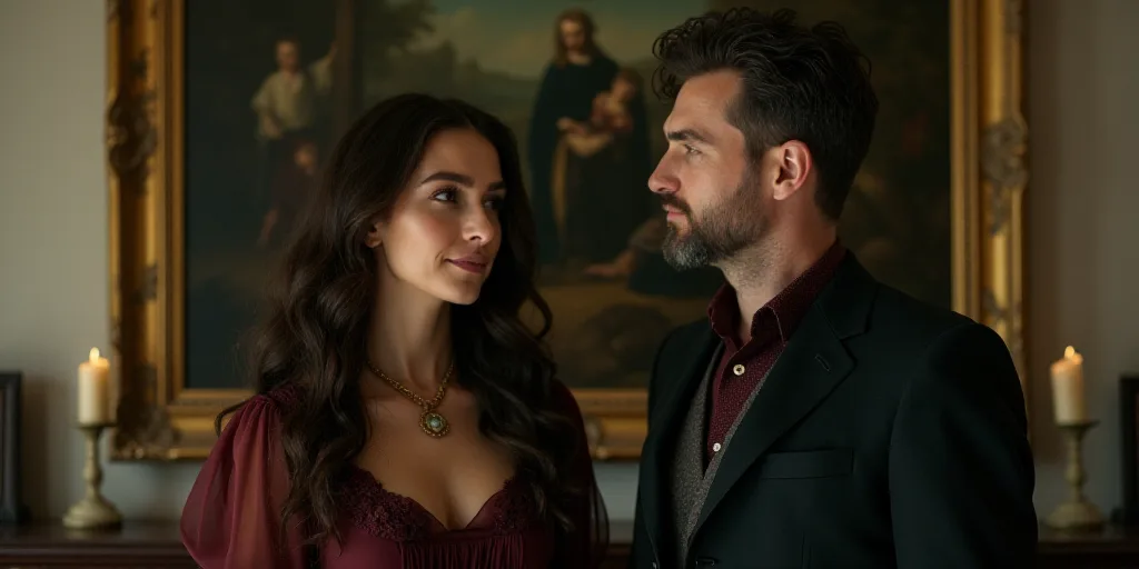 a man and a woman standing next to each other in a room with a painting on the wall behind them, Ara