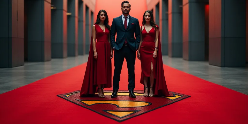 a man and two women standing next to each other on a red carpet with a superman logo on it, Bauhaus,