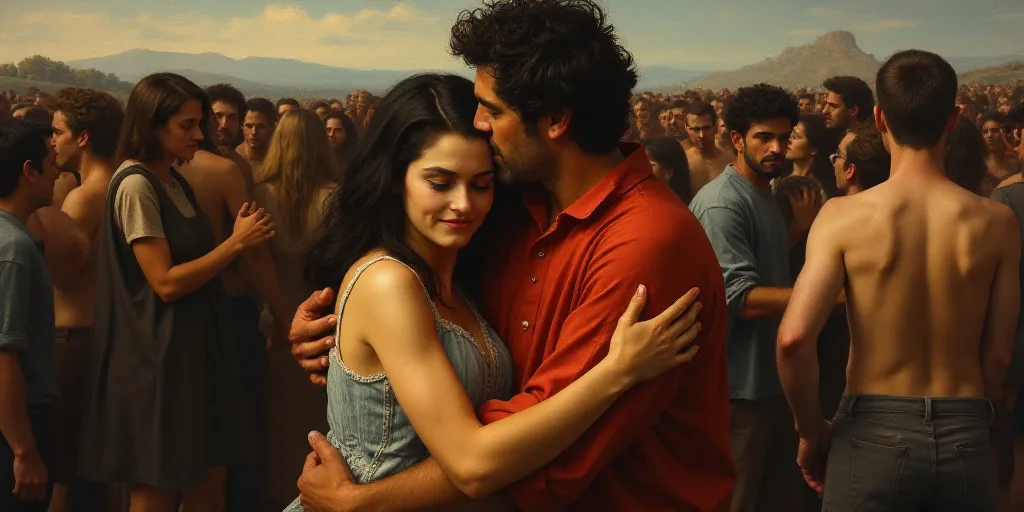 a man and woman are hugging each other in a crowd of people, one of them is wearing a red shirt, Edd