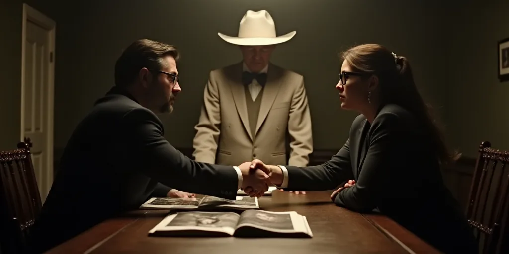 a man and woman are shaking hands at a table with a magazine on it and a man in a white hat is stand